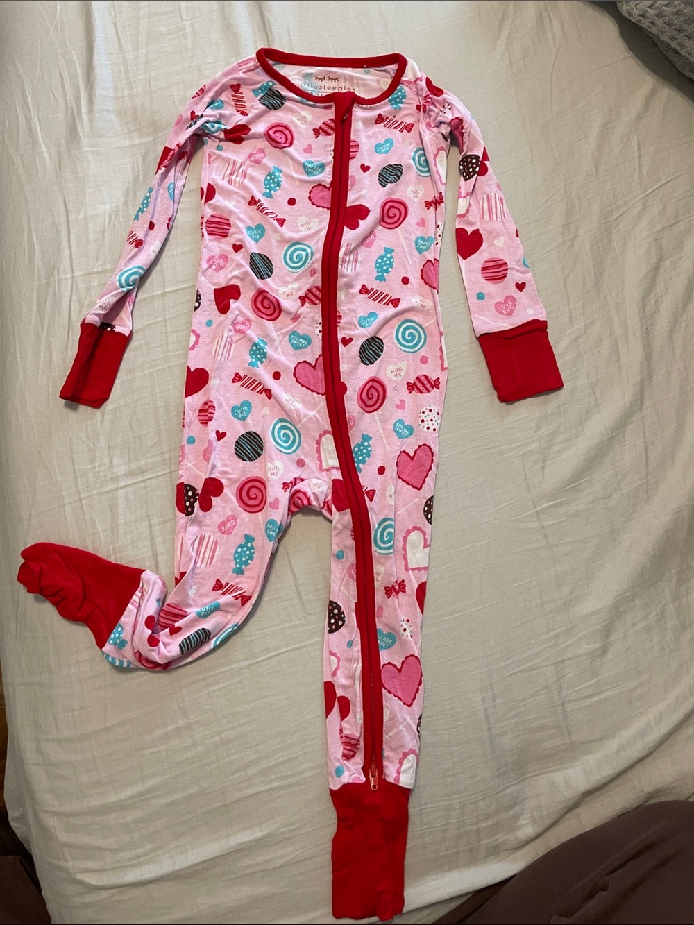 Kids Pink Heart & Candy Print One-Piece Pajamas with Red Trim